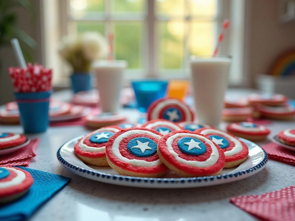 Captain America shield cookies arranged on a kid-friendly dessert table