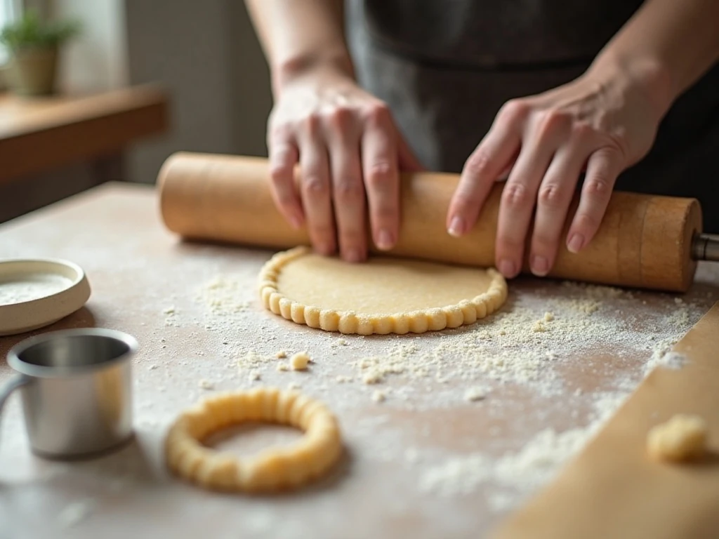 Rolling sugar-cookie dough and cutting round cookies