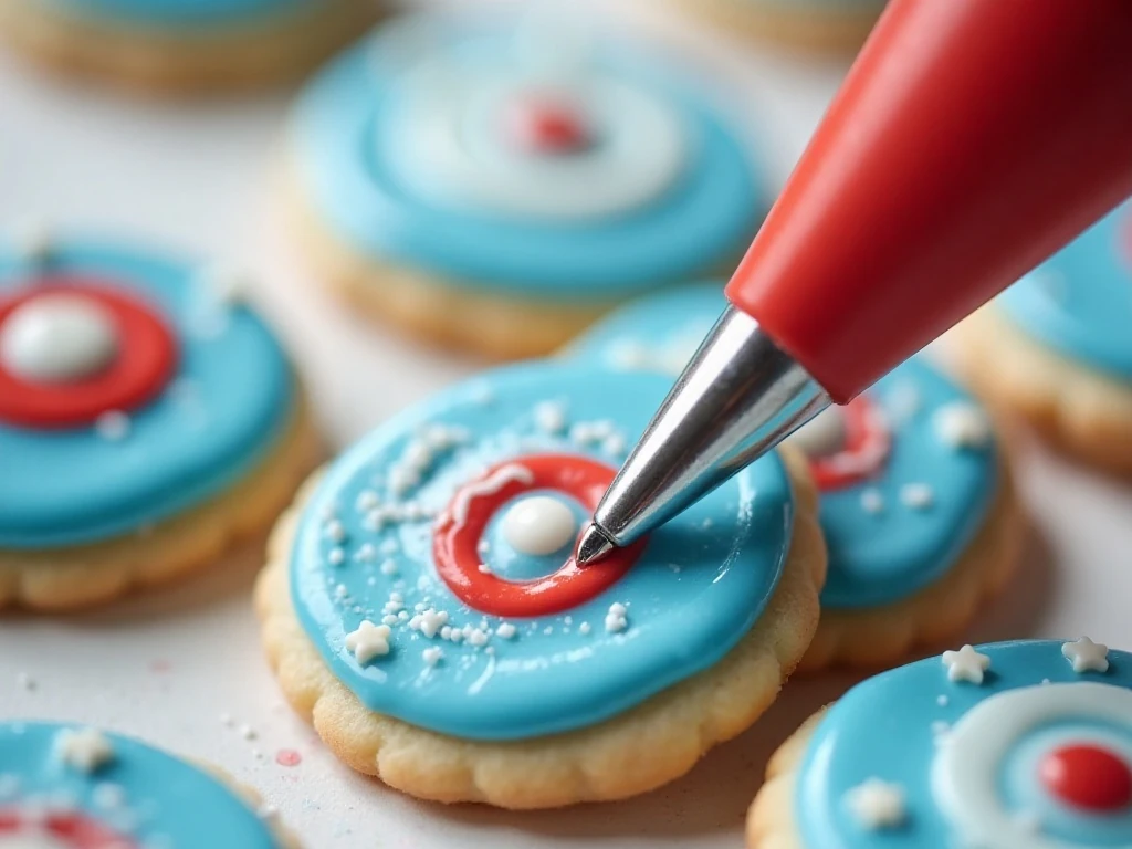 Red white and blue concentric shield decoration on sugar cookies