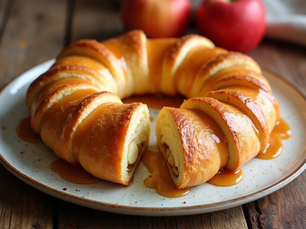 Golden caramel apple cream cheese crescent ring on a serving platter
