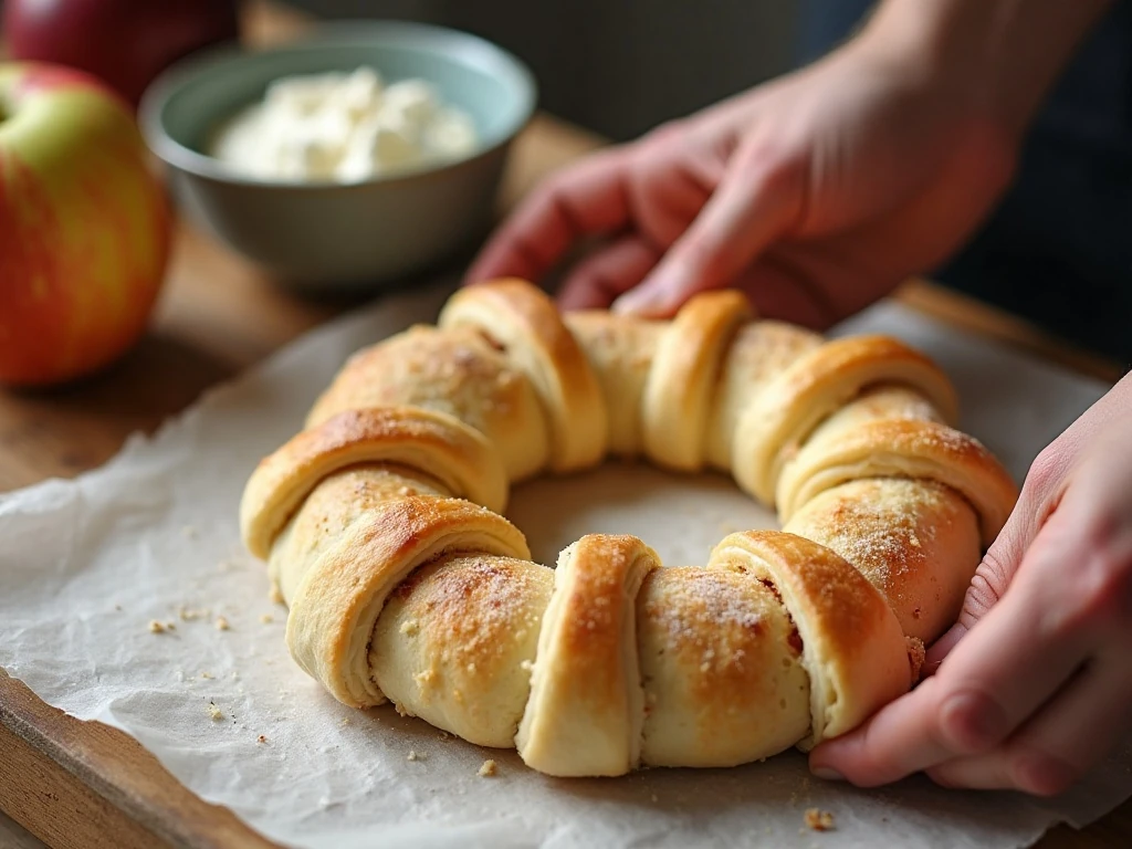 Arranging crescent dough into a ring for caramel apple filling