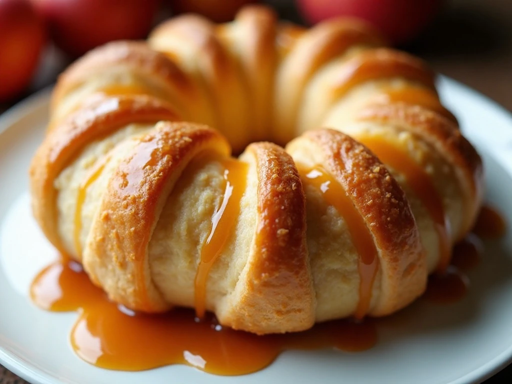 Golden caramel apple cream cheese ring ready to serve