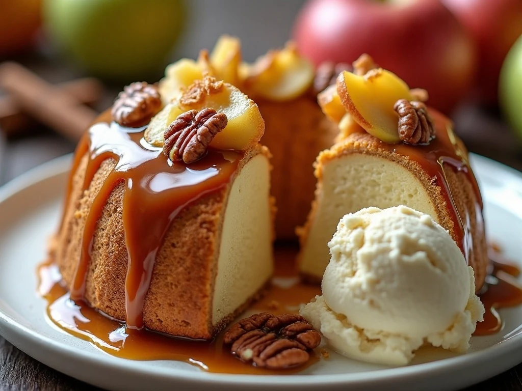 Slice of caramel apple cream cheese ring with caramel and ice cream