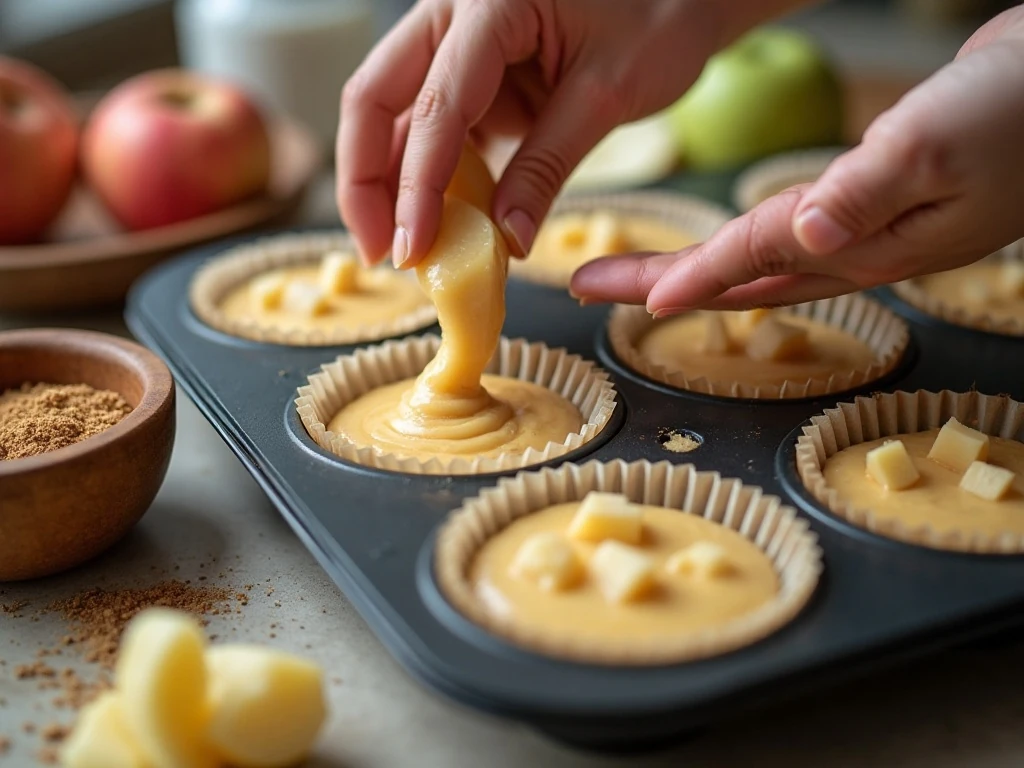 Diced apples being folded into cupcake batter
