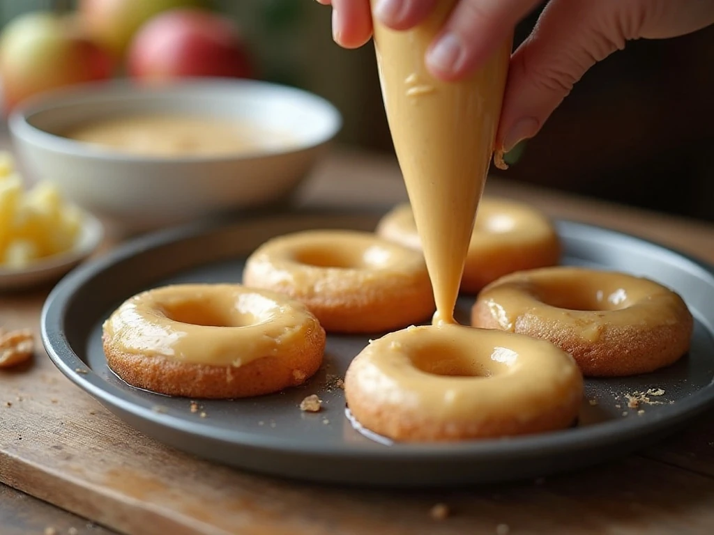 Piping apple donut batter into a donut pan