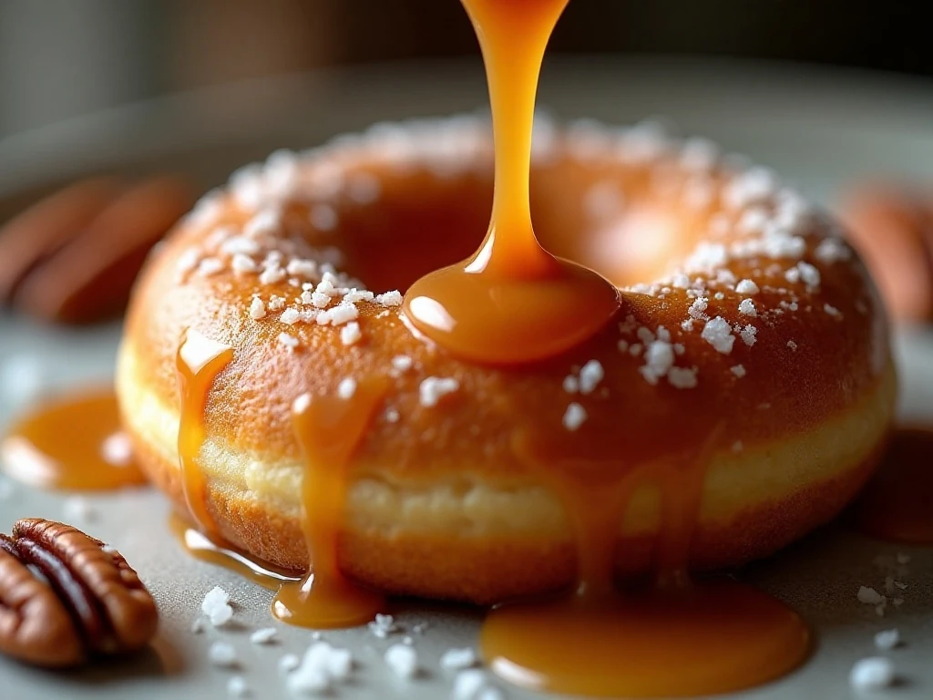 Caramel coating and garnish for apple donuts