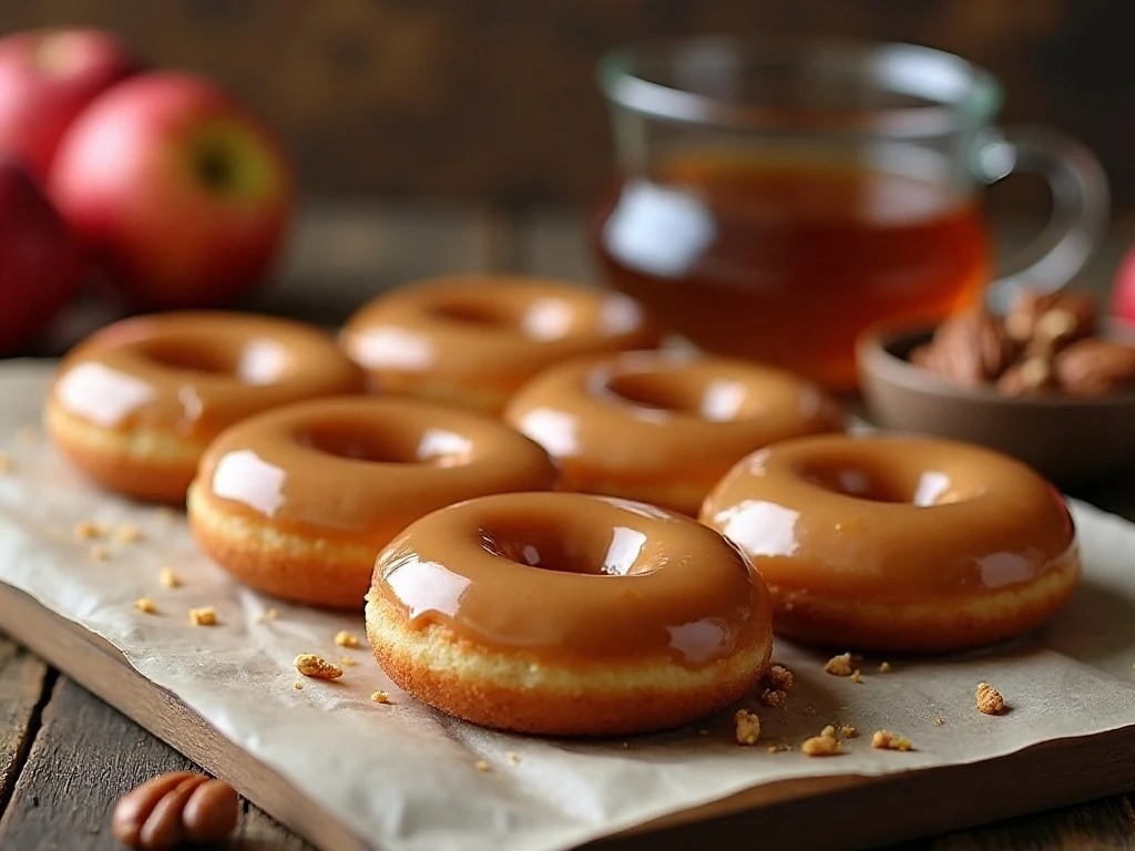 Caramel apple donuts served with cider