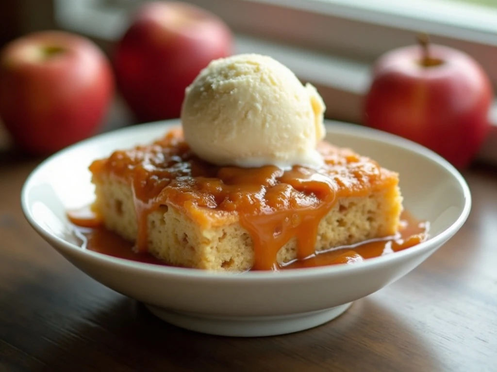 Warm caramel apple dump cake with vanilla ice cream and caramel drizzle