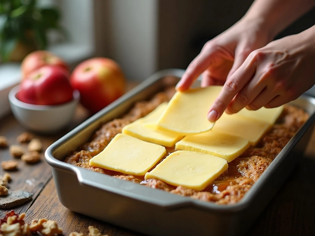 Arranging cold butter slices over caramel apple dump cake layers