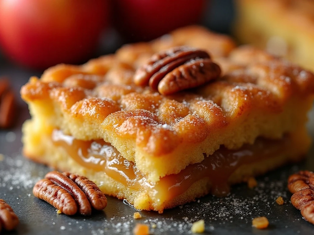 Golden buttery topping and toasted pecans on apple dump cake