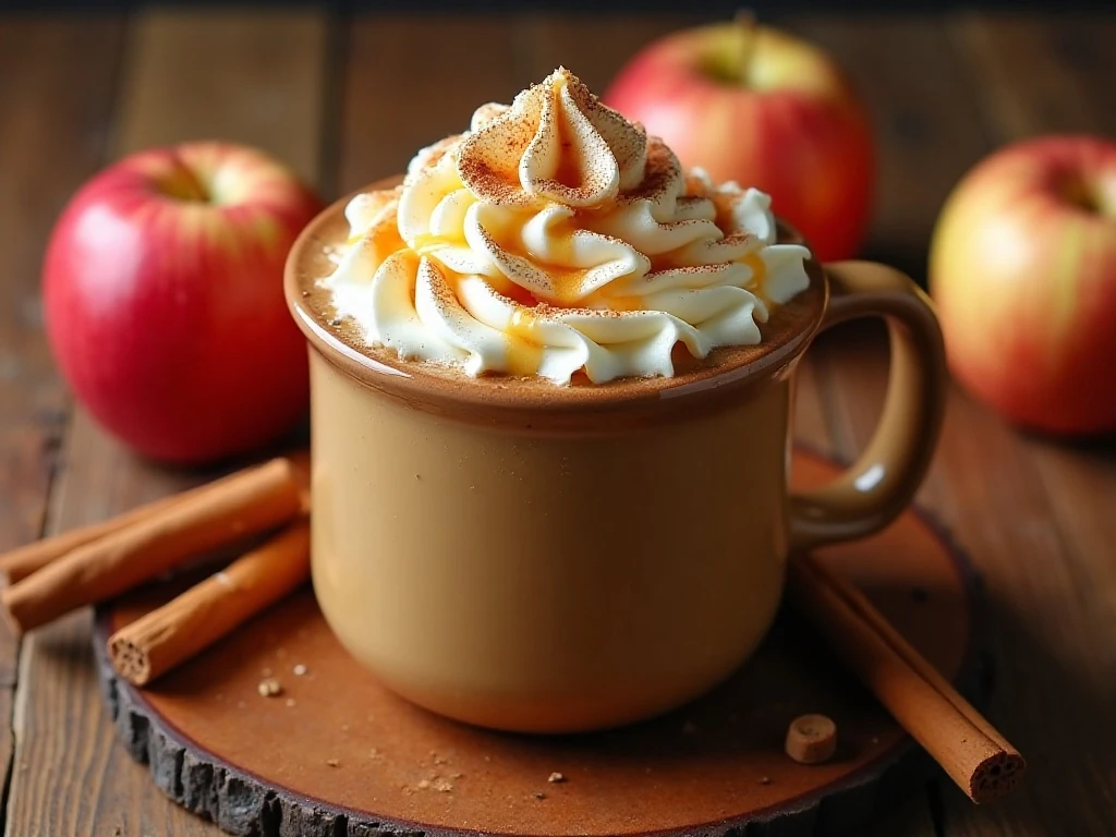 Hot caramel apple latte topped with whipped cream, caramel, and cinnamon