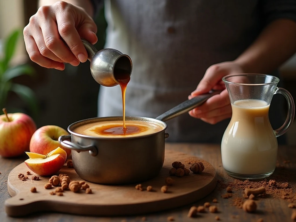 Stirring caramel and cinnamon into warm apple cider for a latte