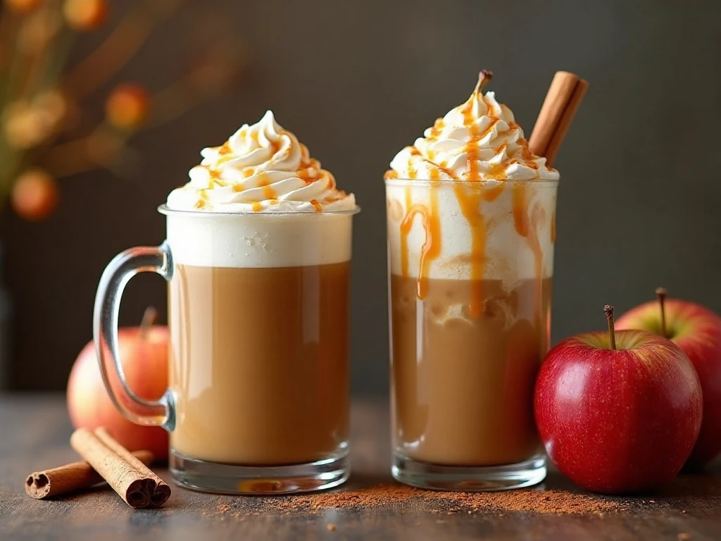 Hot and iced caramel apple latte versions