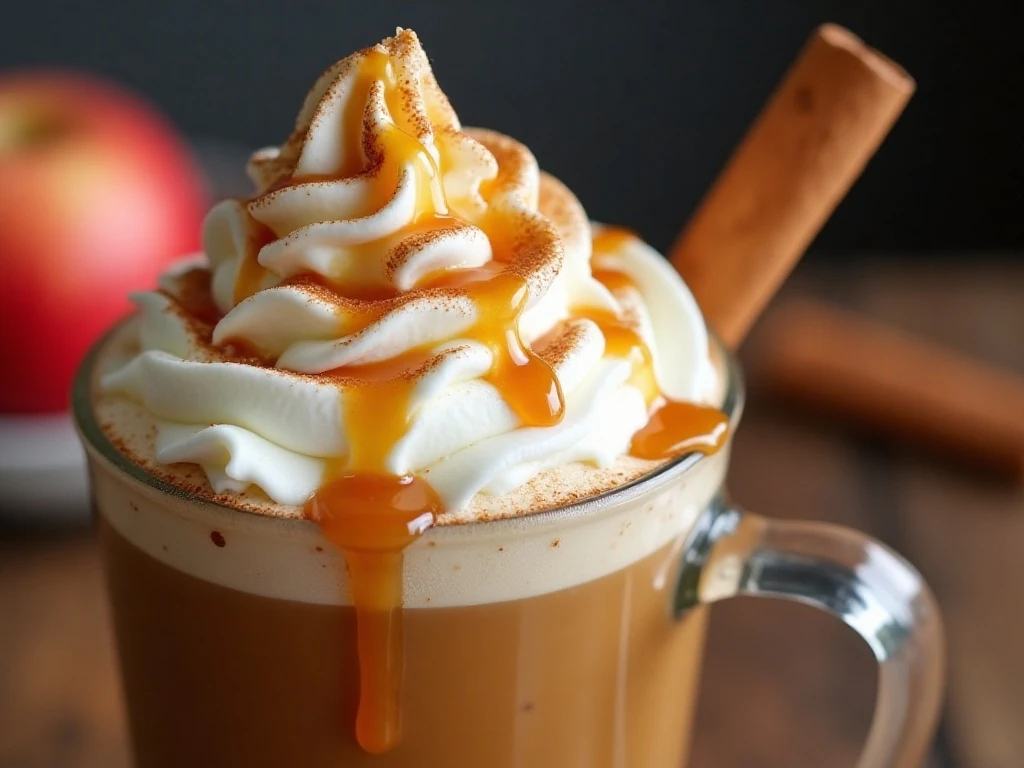 Caramel drizzle and cinnamon garnish on an apple latte