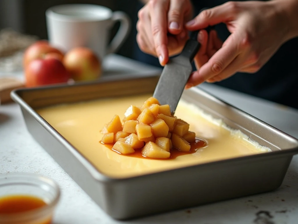 Adding drained apple pie filling to the lush dessert