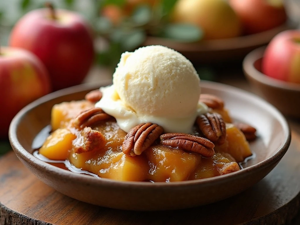 Warm caramel apple pecan cobbler served with vanilla ice cream