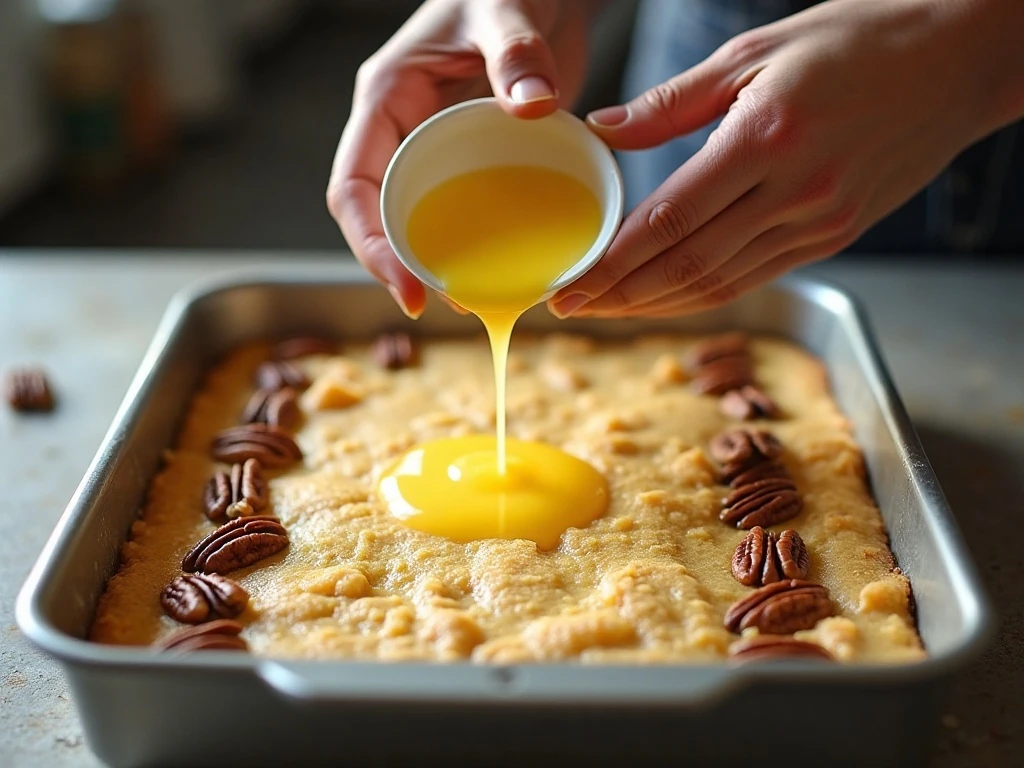 Pouring melted butter over the cobbler topping before baking