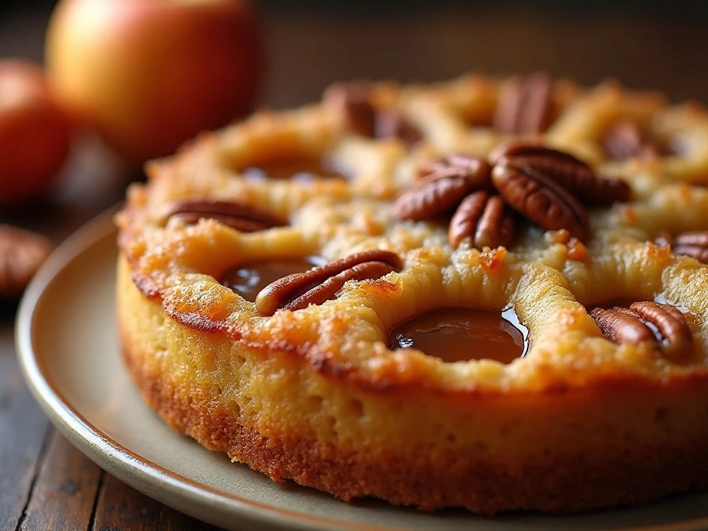 Golden pecan topping and caramel apple filling on baked cobbler
