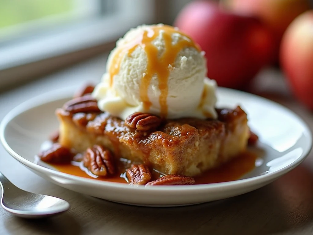 Caramel apple pecan cobbler with melting vanilla ice cream