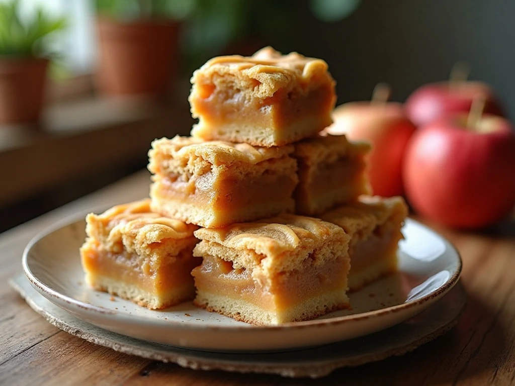 Stack of chewy caramel apple pie blondies with visible apple pieces