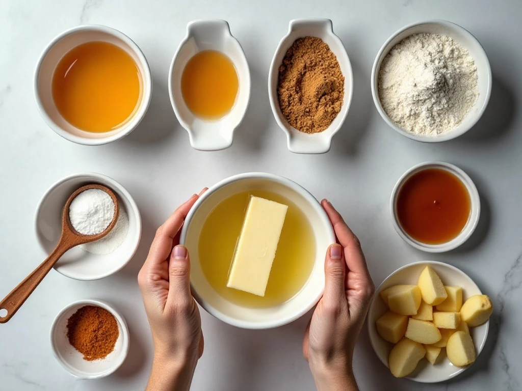 Ingredients for caramel apple pie blondies arranged for baking