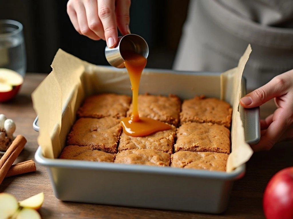 Layering blondie batter and caramel in a square baking pan