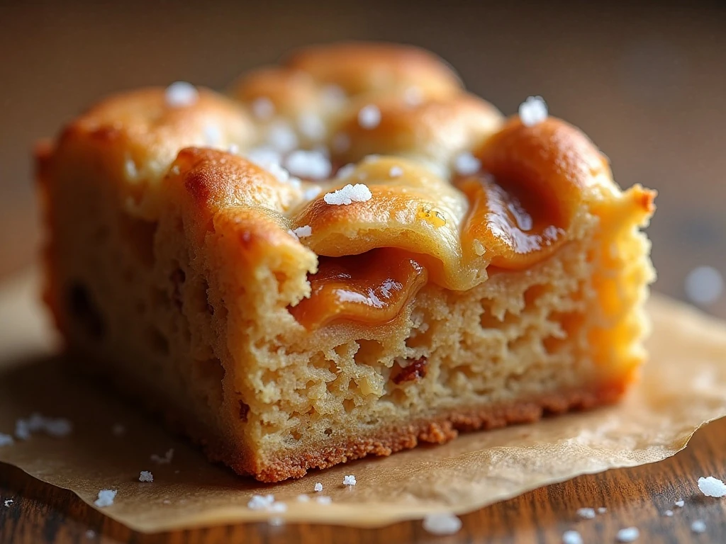 Close-up of moist caramel apple blondie texture and apple pieces