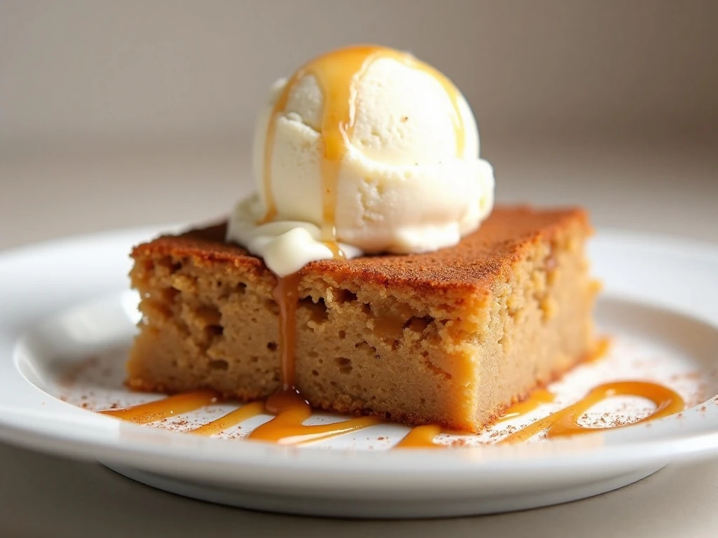 Caramel apple blondie served with vanilla ice cream and caramel drizzle