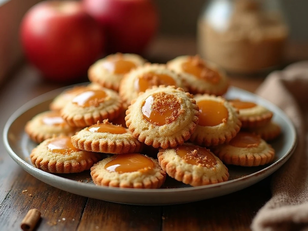 Golden caramel apple pie cookies arranged on a platter