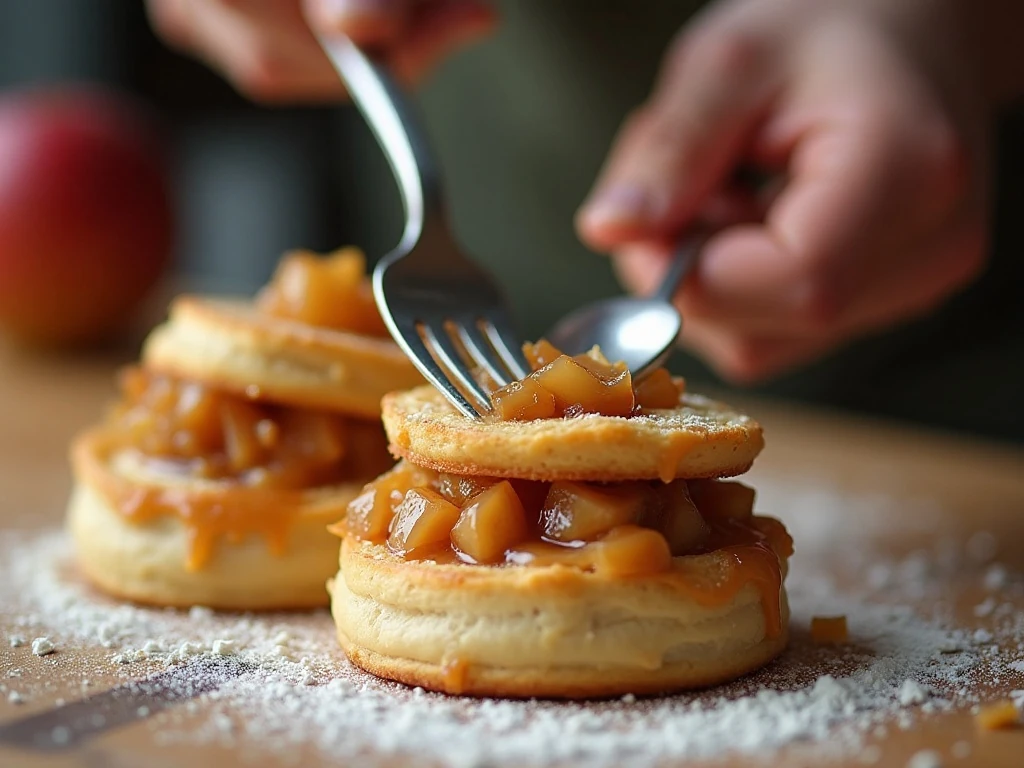 Assembling caramel apple pie cookie rounds