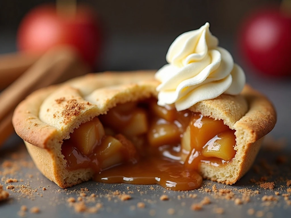 Caramel apple pie cookie with bubbling apple filling and drizzle