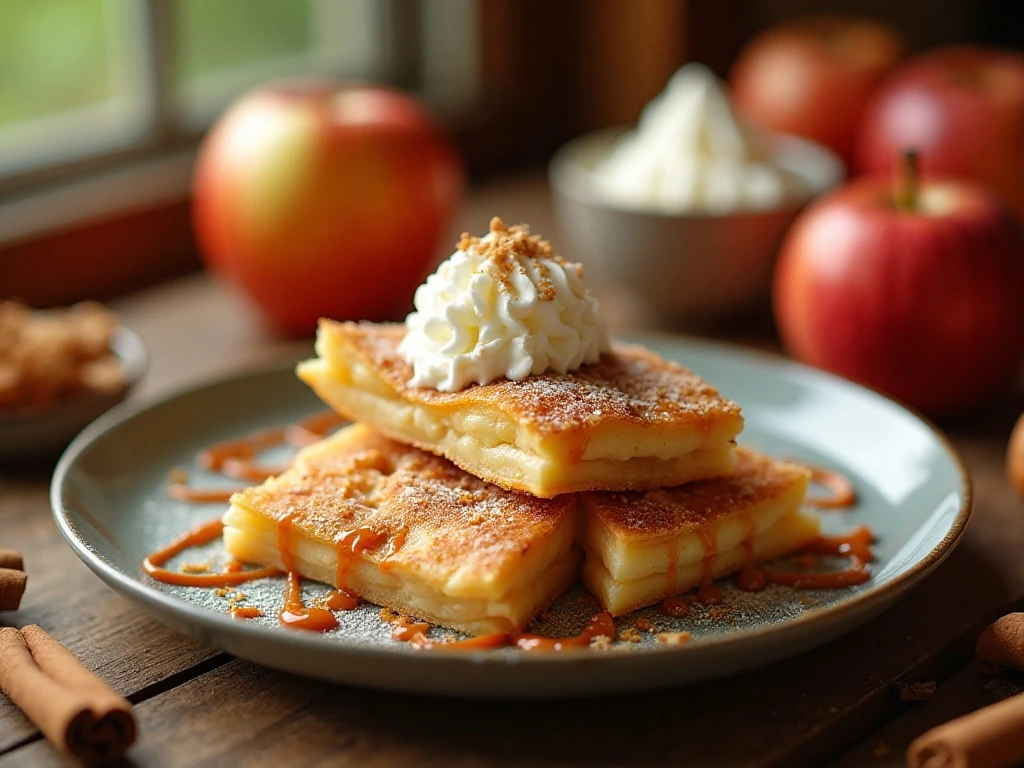 Caramel apple pie quesadilla wedges served with vanilla ice cream