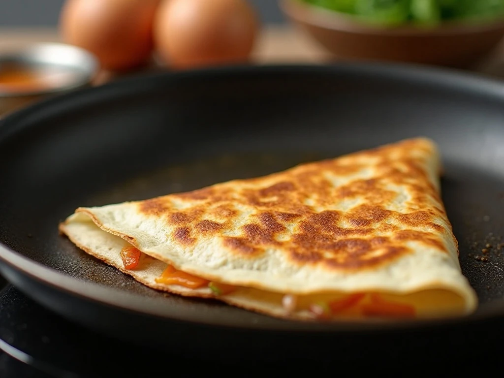 Golden quesadilla browning in a skillet