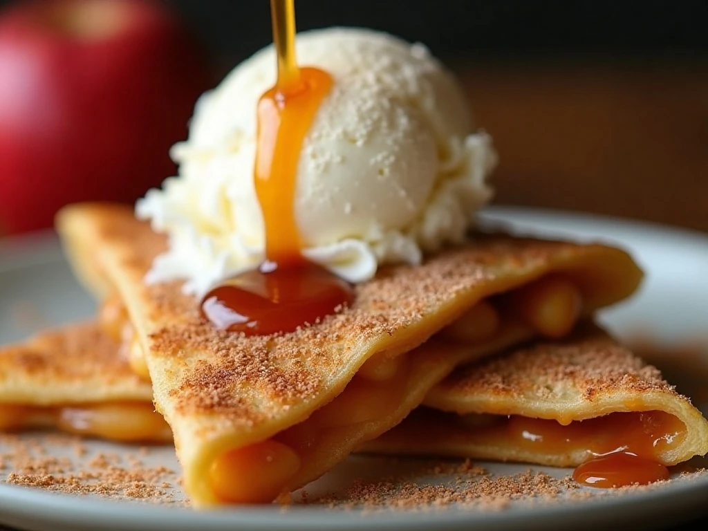 Caramel drizzle and cinnamon sugar on apple pie quesadilla wedges