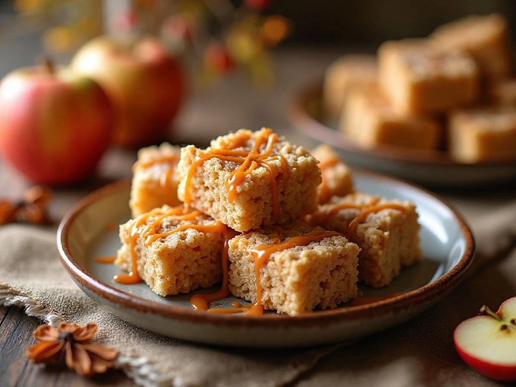 Caramel apple Rice Krispie treat squares arranged on a fall dessert table