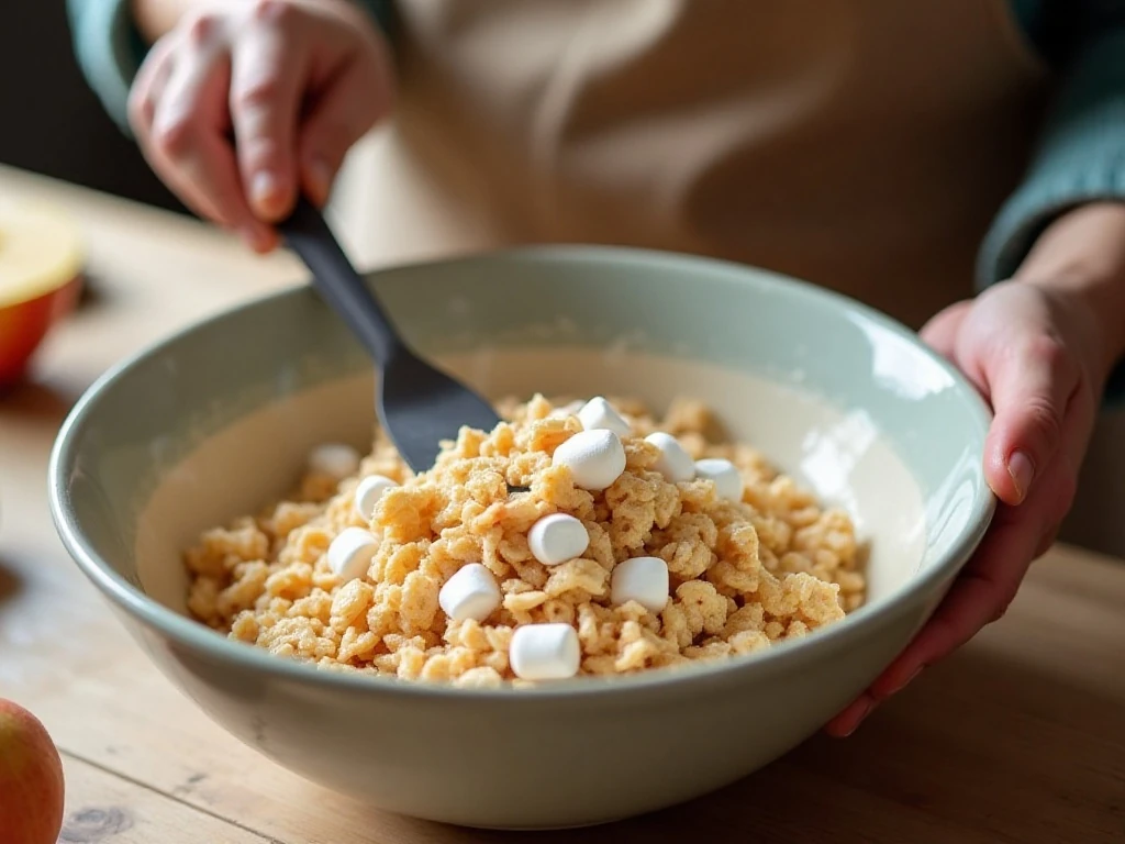 Folding marshmallow mixture with cereal and dried apples