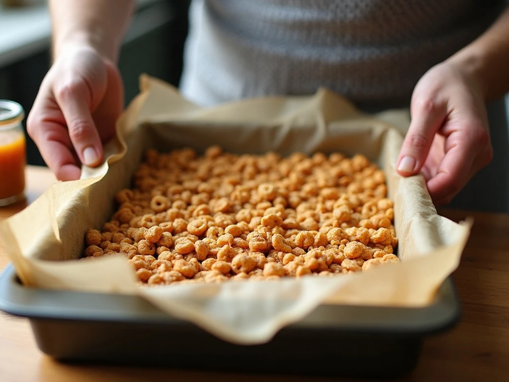 Gently pressing cereal treat mixture into a pan