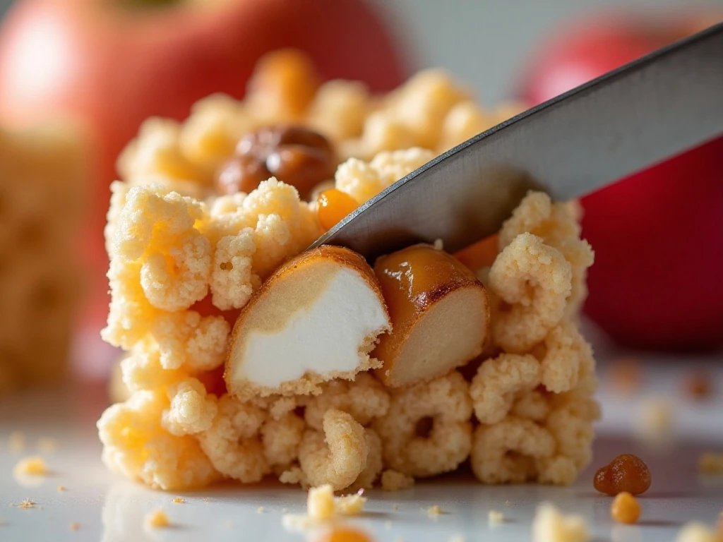 Close-up of a caramel apple Rice Krispie treat being cut