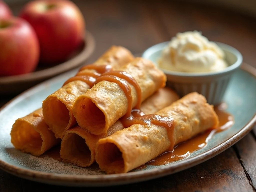 Golden caramel apple taquitos served warm with caramel sauce and vanilla ice cream