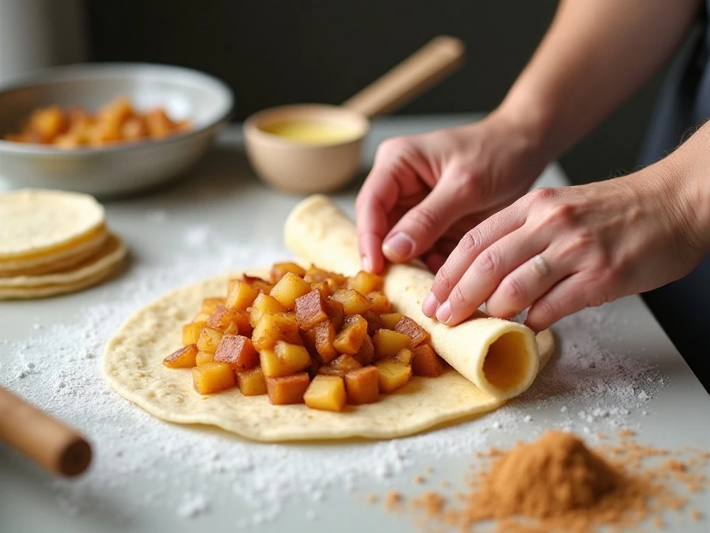 Rolling flour tortillas around apple pie filling to make taquitos