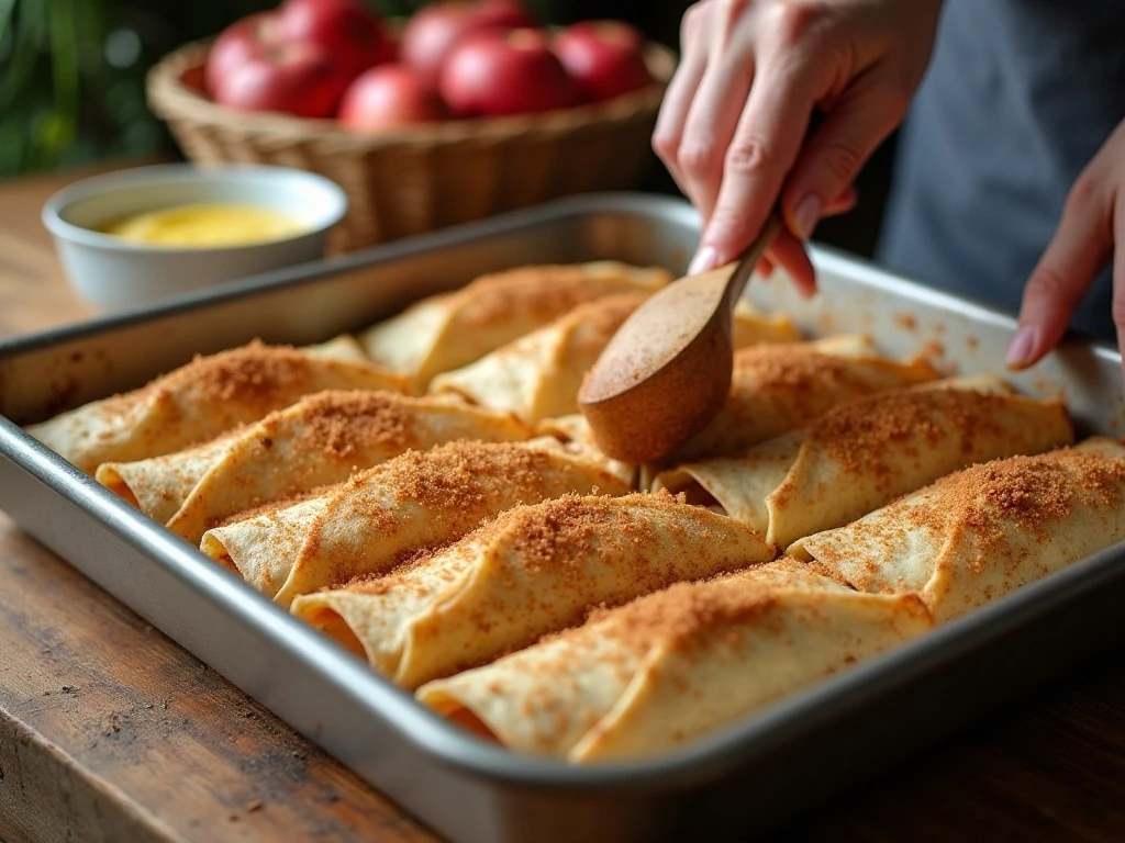 Cinnamon-sugar coated apple taquitos ready to bake