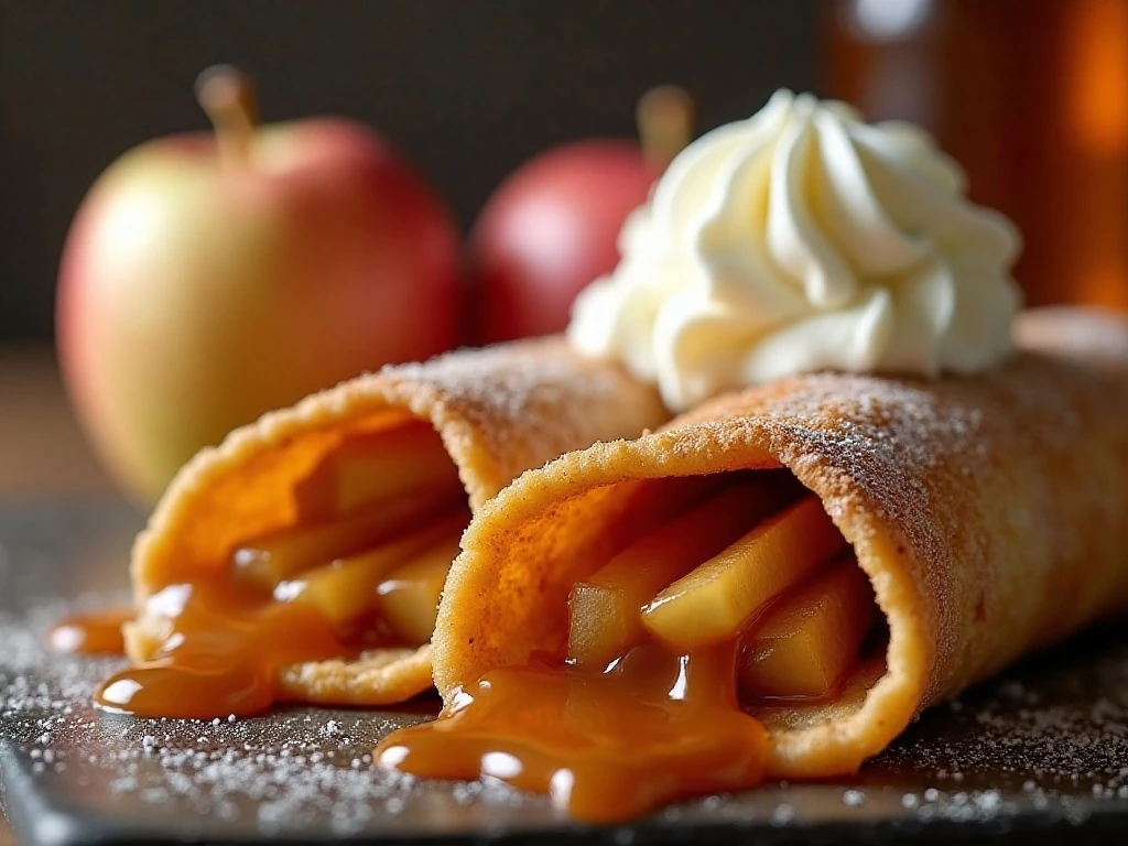 Close-up of caramel apple taquito with cinnamon sugar and melting ice cream