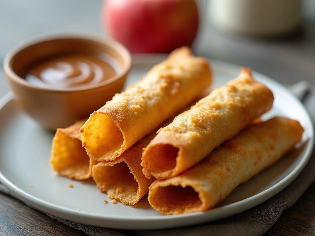 Reheated caramel apple taquitos served with caramel dipping sauce