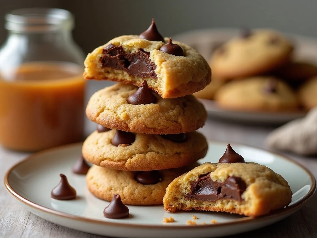 Stack of chewy caramel chocolate chip cookies with melted chocolate and caramel centers