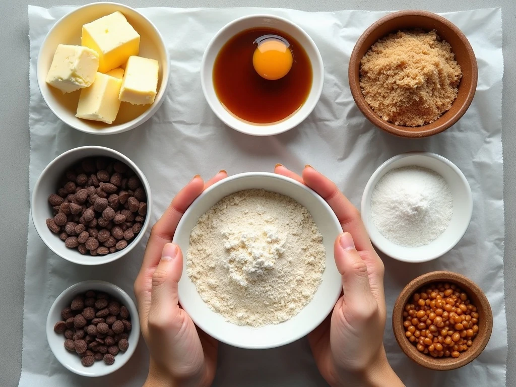 Ingredients for caramel chocolate chip cookies arranged for baking