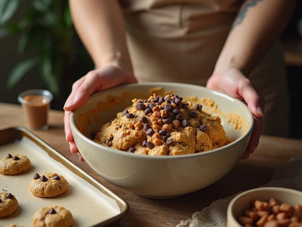 Cookie dough being mixed with chocolate chips and caramel pieces