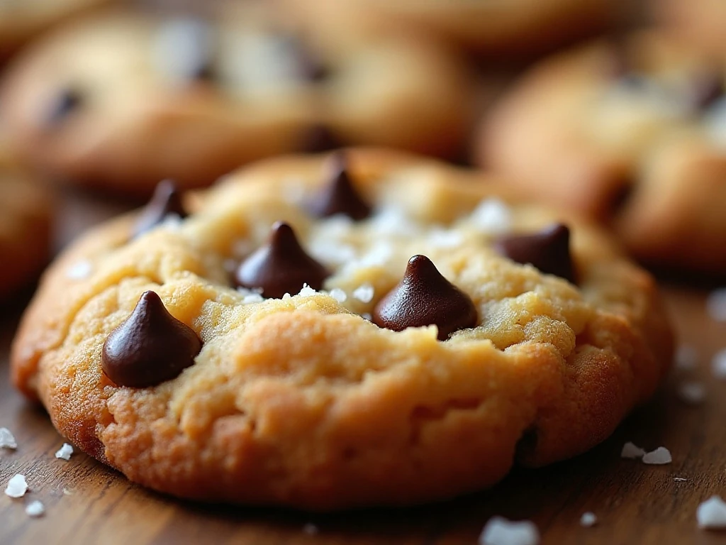 Close-up of flaky sea salt on soft caramel chocolate chip cookies