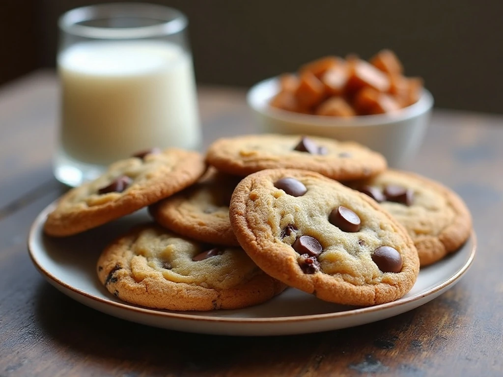 Caramel chocolate chip cookies served with milk on a dessert platter
