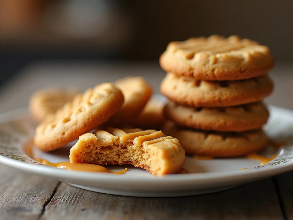 Caramel peanut butter cookies stacked on a plate with a soft caramel center