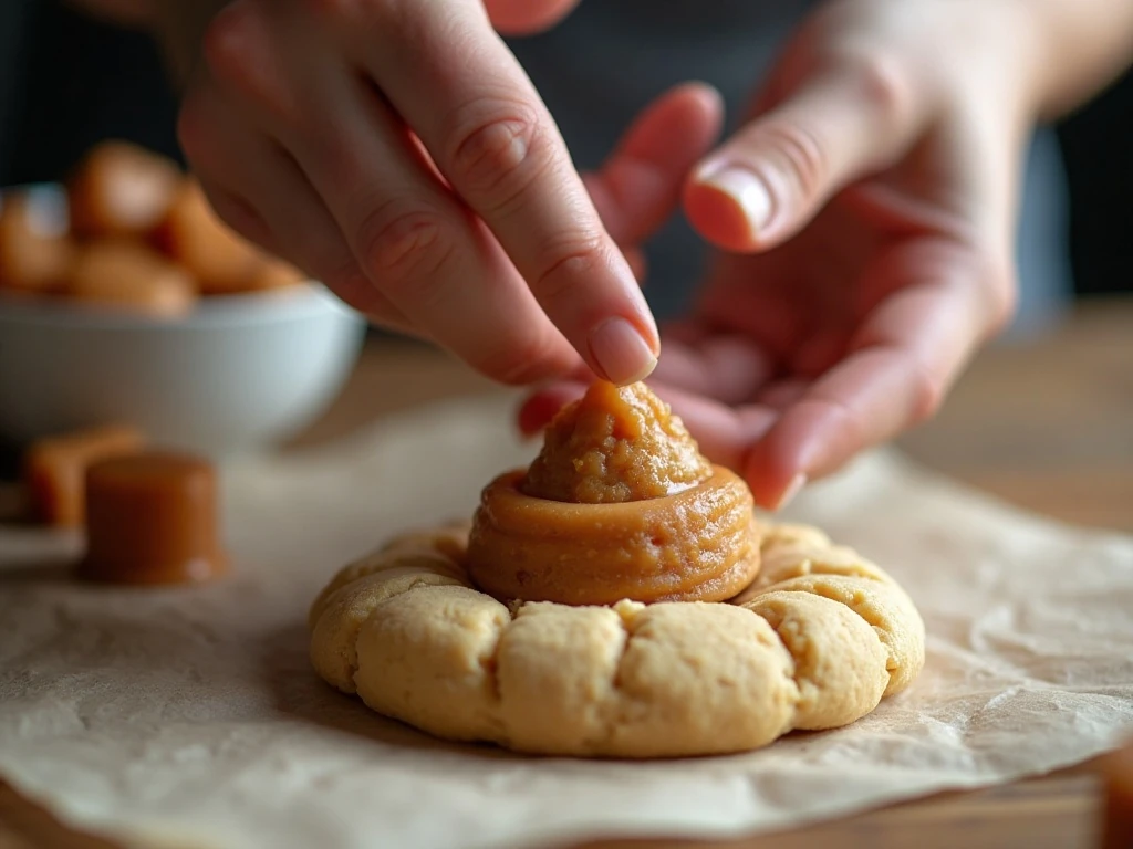 Wrapping peanut butter cookie dough around a caramel candy